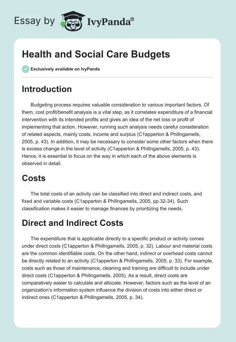 Health and Social Care Budgets. Page 1
