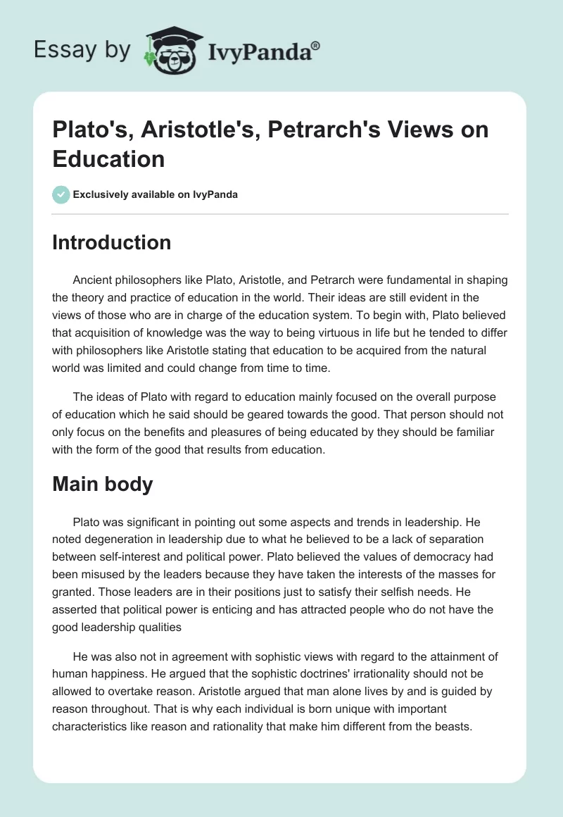 Plato's, Aristotle's, Petrarch's Views on Education. Page 1