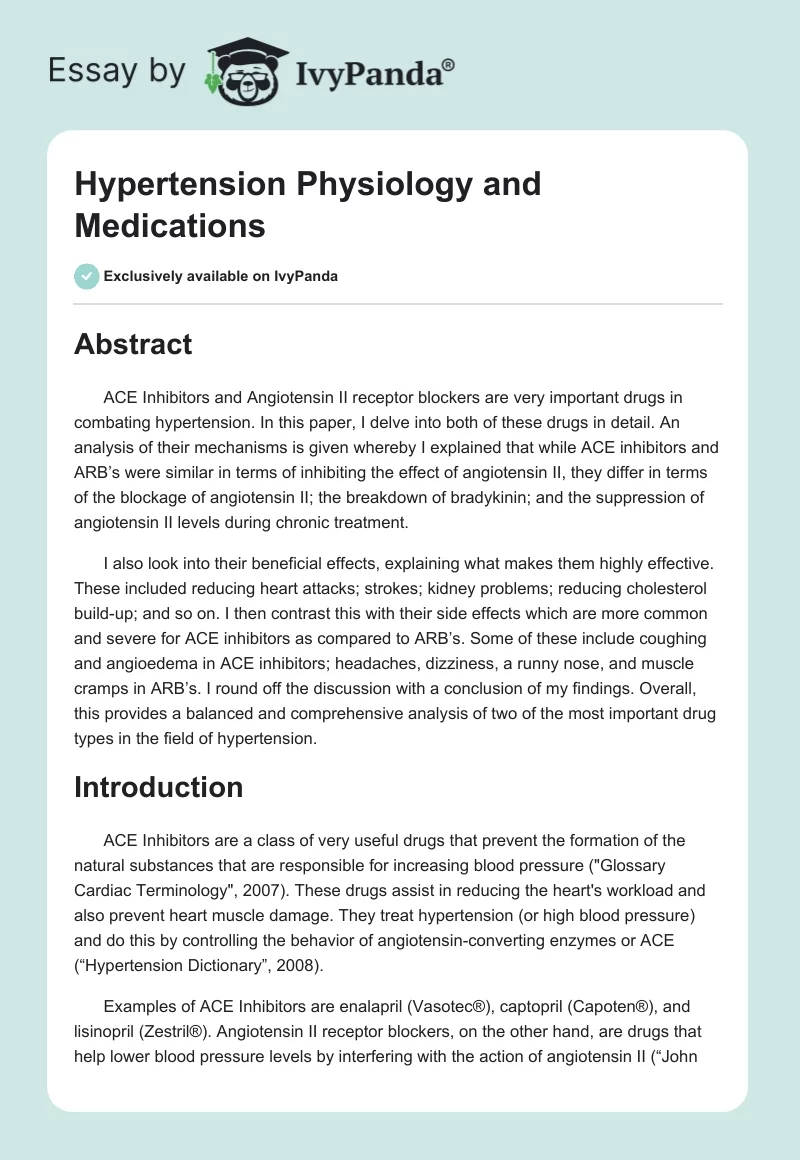 Hypertension Physiology and Medications. Page 1
