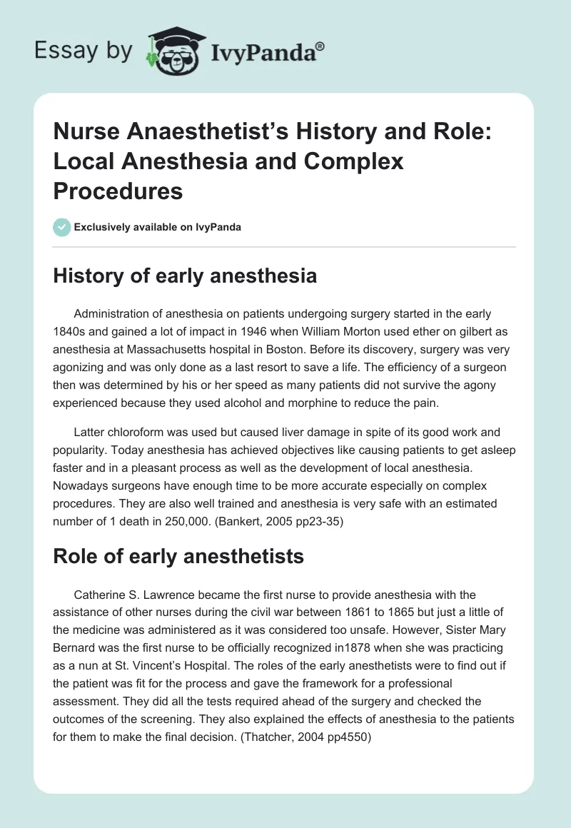 Nurse Anaesthetist’s History and Role: Local Anesthesia and Complex Procedures. Page 1
