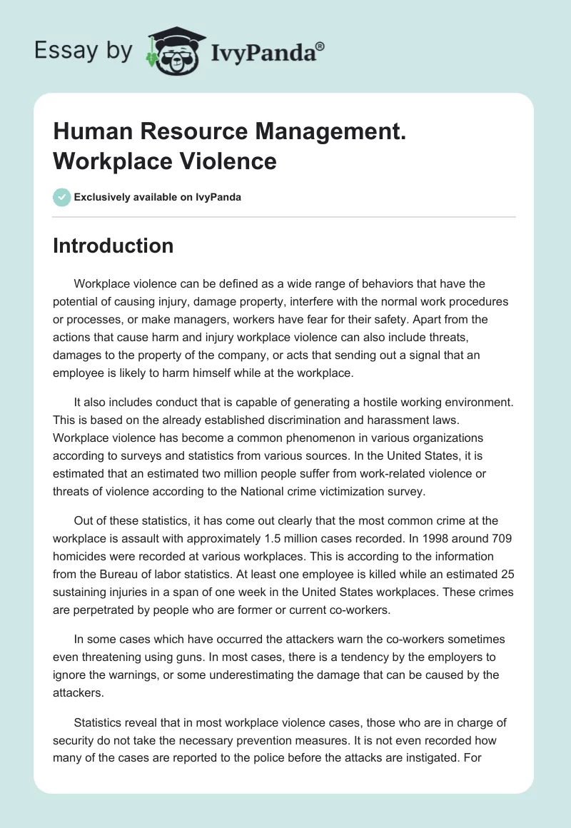 Human Resource Management. Workplace Violence. Page 1
