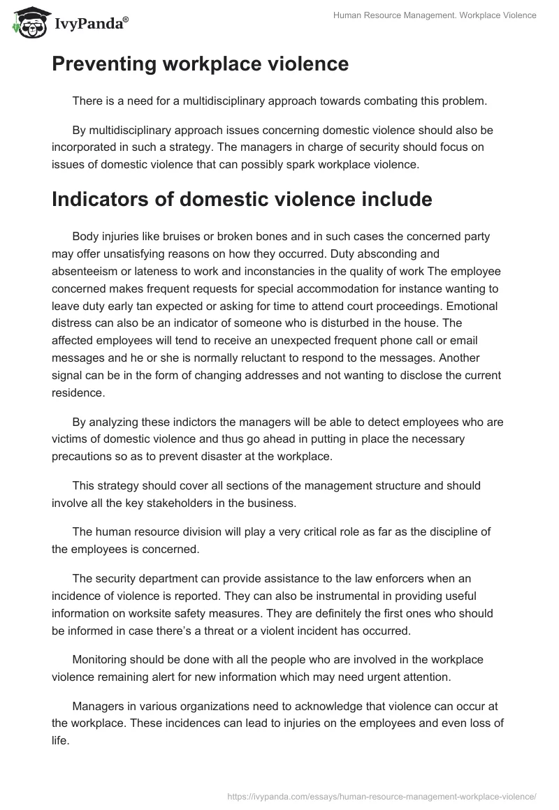 Human Resource Management. Workplace Violence. Page 4