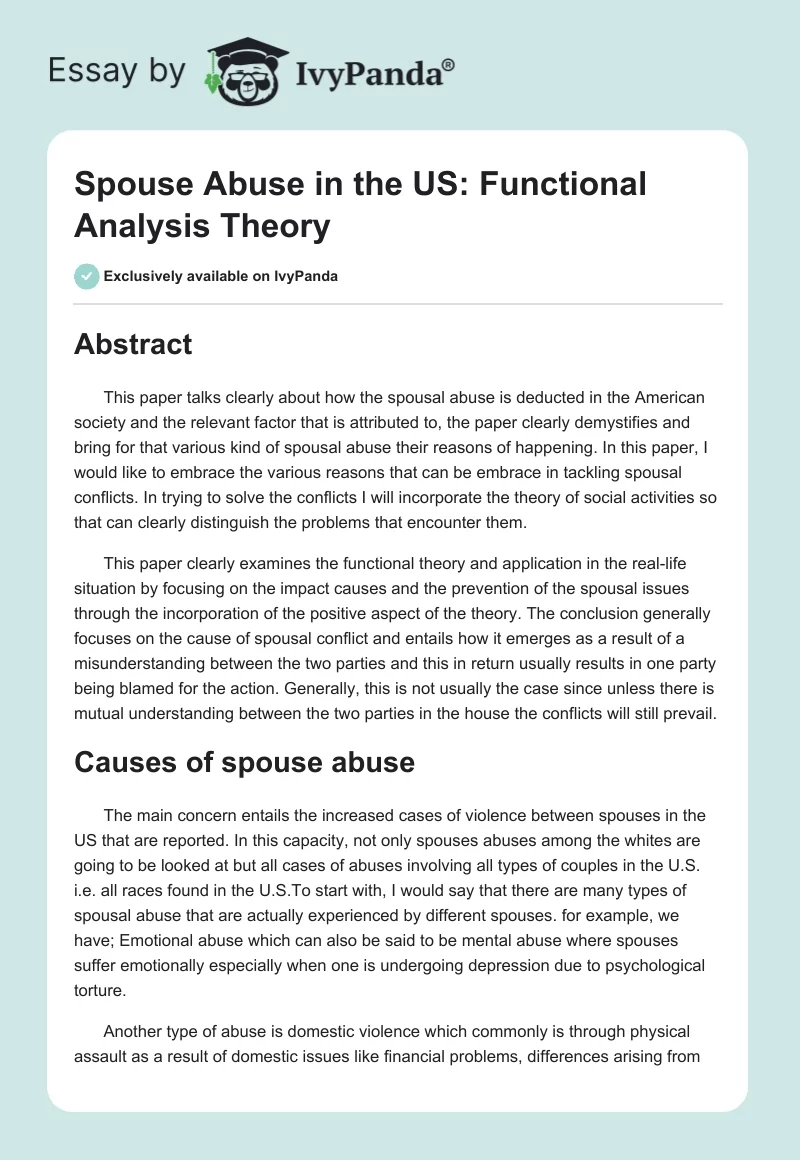 Spouse Abuse in the US: Functional Analysis Theory. Page 1