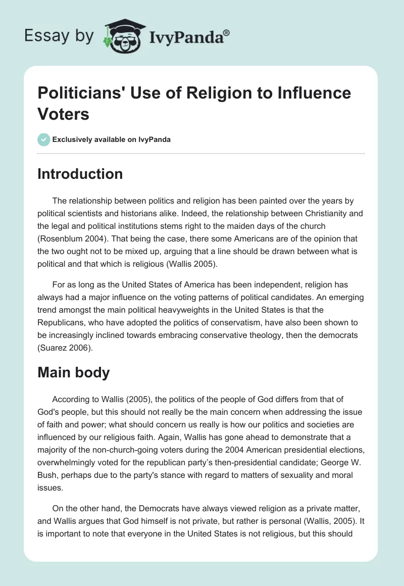 Politicians' Use of Religion to Influence Voters. Page 1