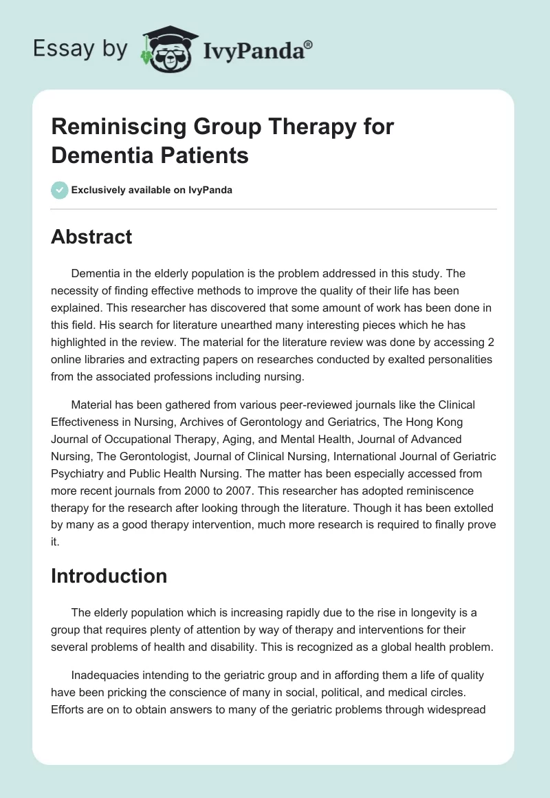 Reminiscing Group Therapy for Dementia Patients. Page 1