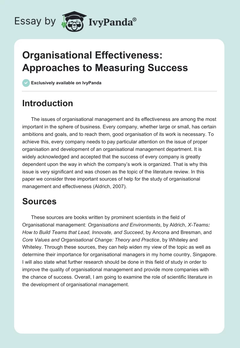 Organisational Effectiveness: Approaches to Measuring Success. Page 1