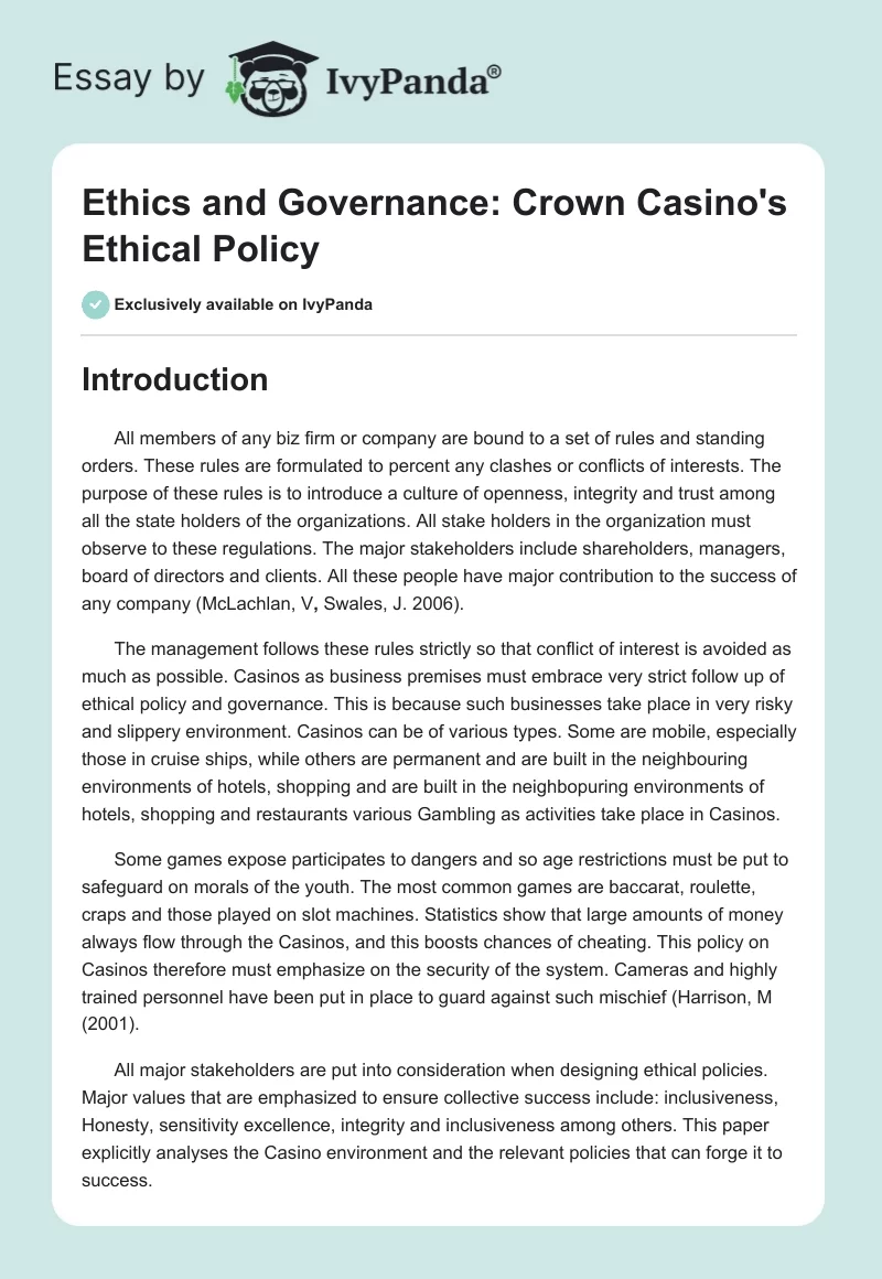 Ethics and Governance: Crown Casino's Ethical Policy. Page 1