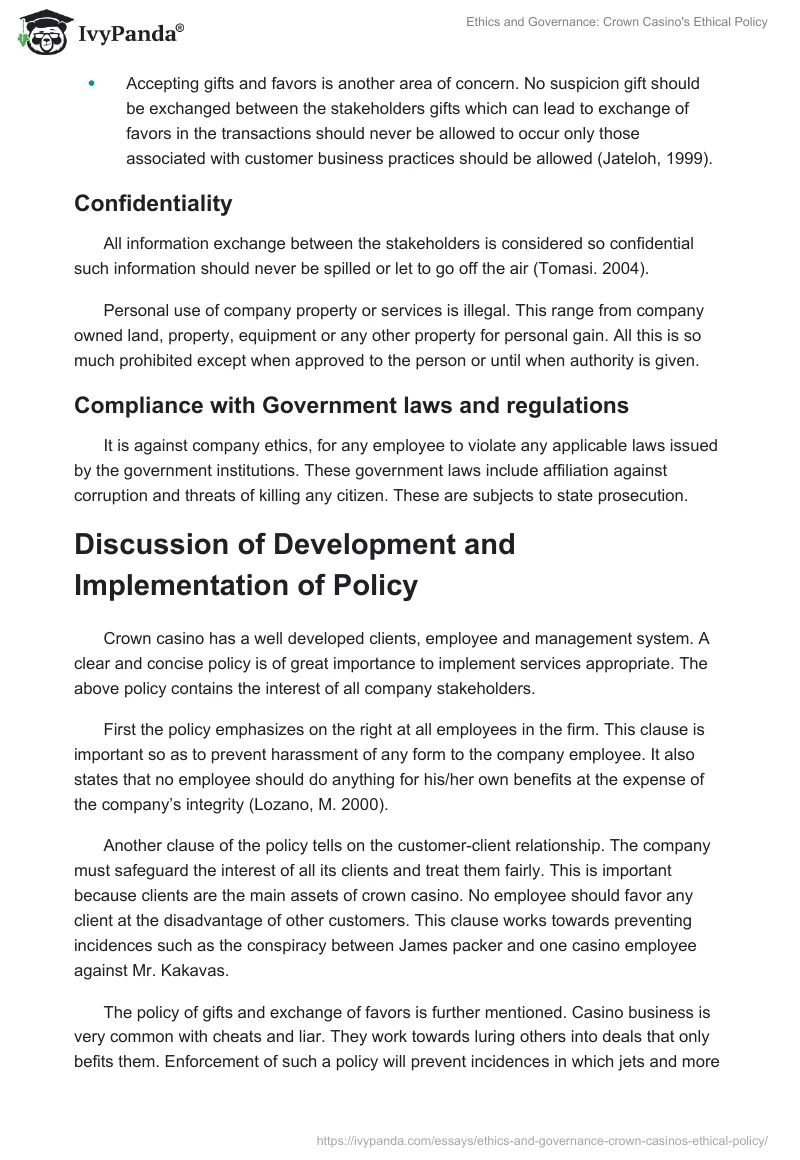 Ethics and Governance: Crown Casino's Ethical Policy. Page 4