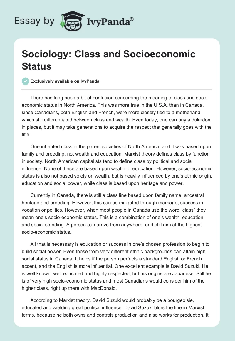 Sociology: Class and Socioeconomic Status. Page 1