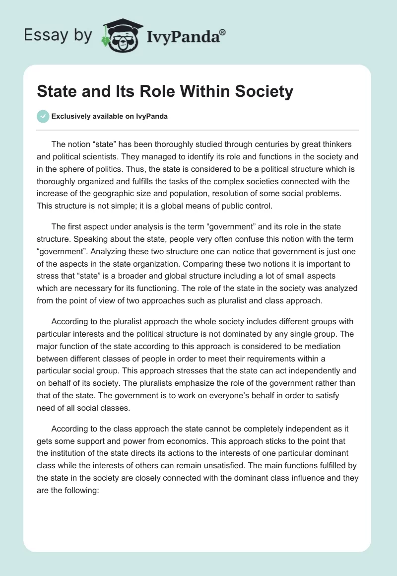State and Its Role Within Society. Page 1