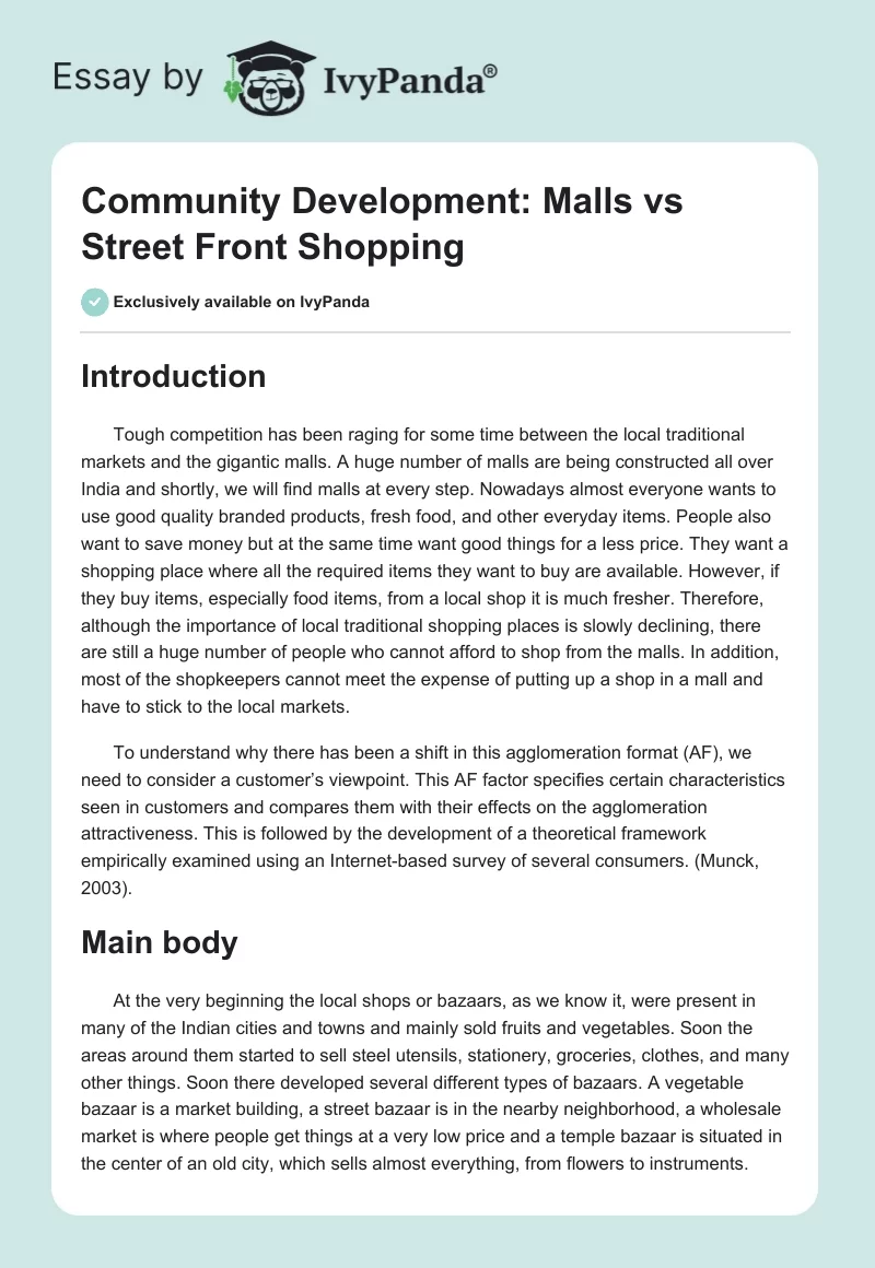 Community Development: Malls vs Street Front Shopping. Page 1