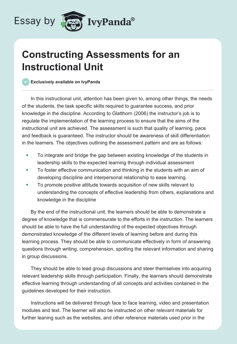 Constructing Assessments for an Instructional Unit. Page 1
