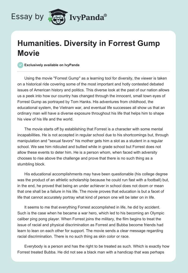 Humanities. Diversity in "Forrest Gump" Movie. Page 1
