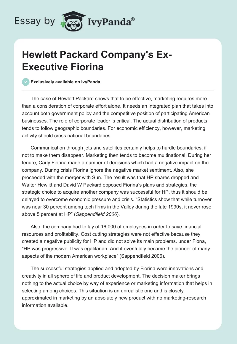 Hewlett Packard Company's Ex-Executive Fiorina. Page 1