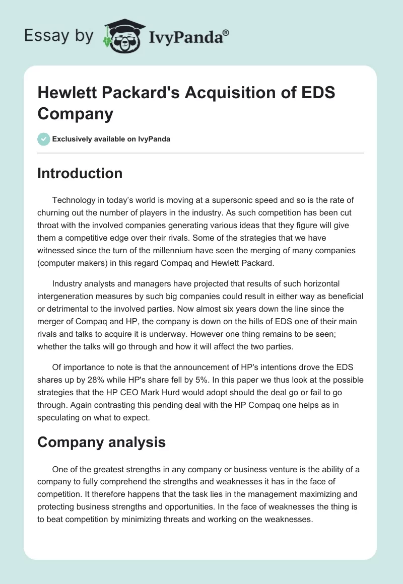 Hewlett Packard's Acquisition of EDS Company. Page 1