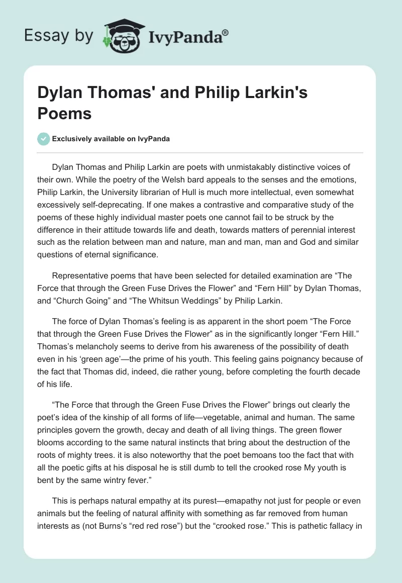 Dylan Thomas' and Philip Larkin's Poems. Page 1