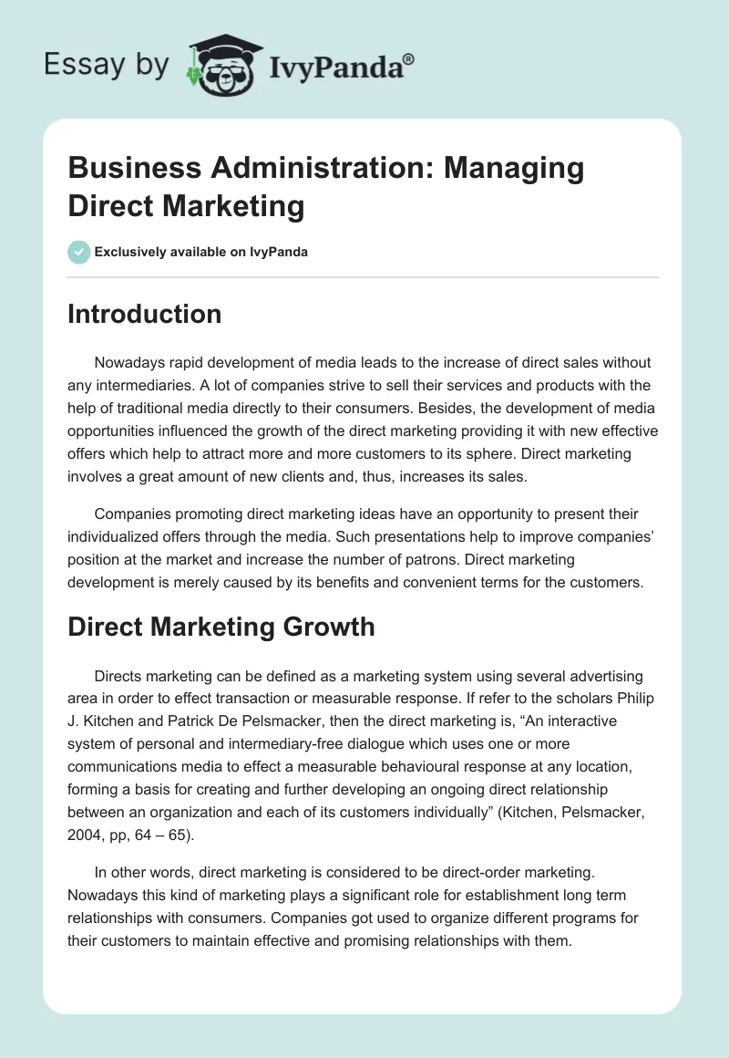 Business Administration: Managing Direct Marketing. Page 1