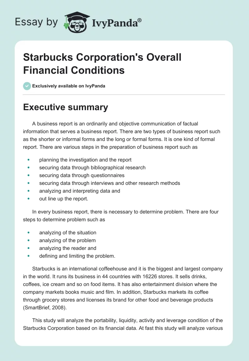 Starbucks Corporation's Overall Financial Conditions. Page 1
