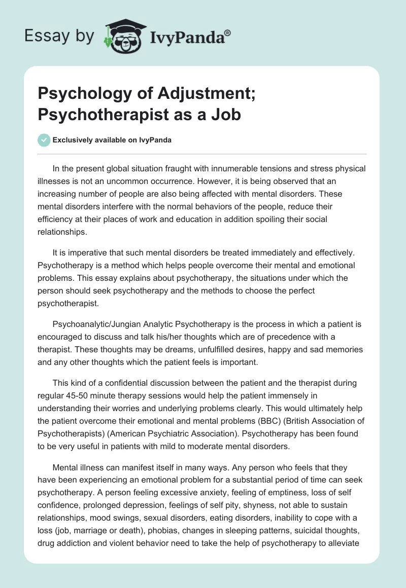 Psychology of Adjustment; Psychotherapist as a Job. Page 1