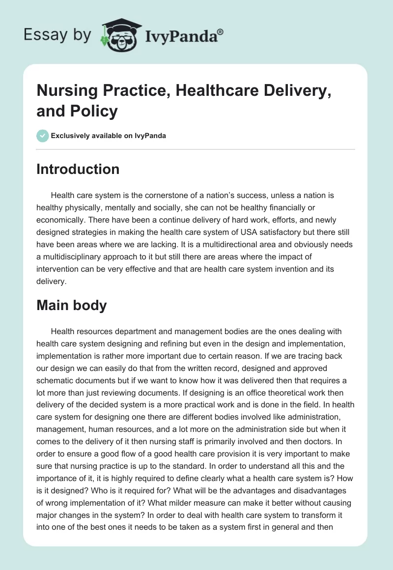 Nursing Practice, Healthcare Delivery, and Policy. Page 1