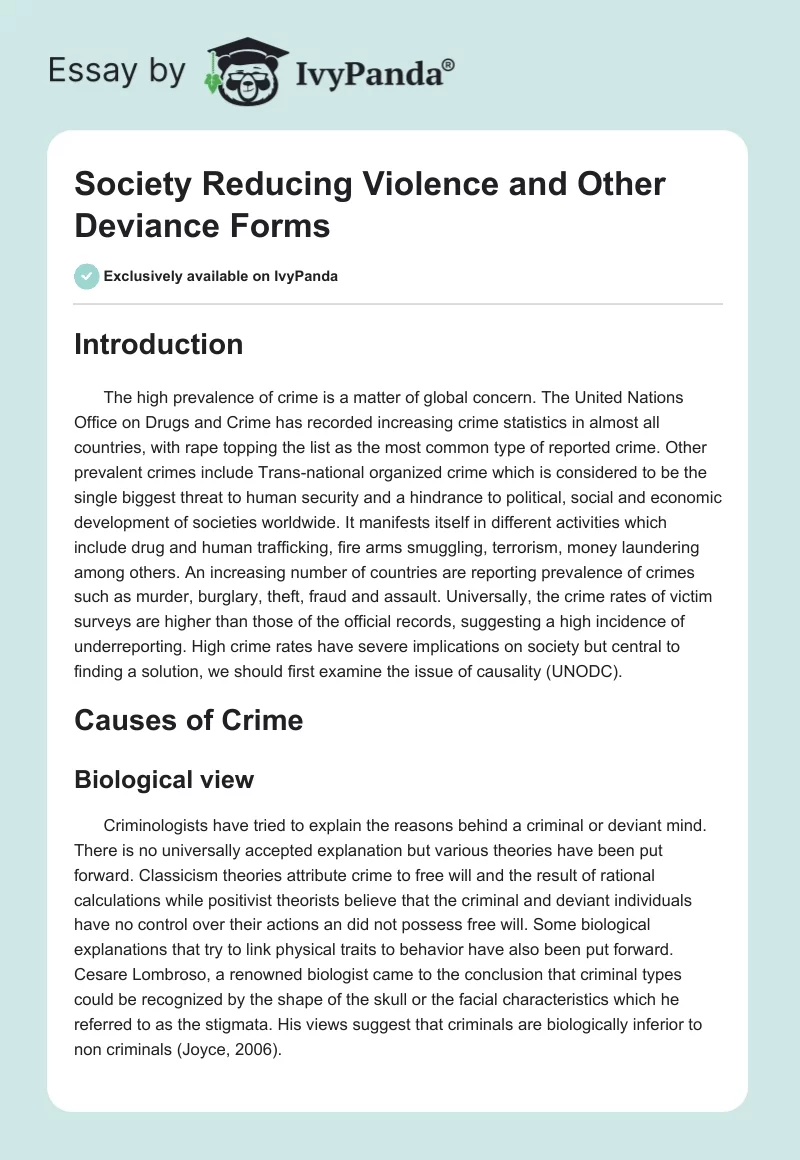 Society Reducing Violence and Other Deviance Forms. Page 1