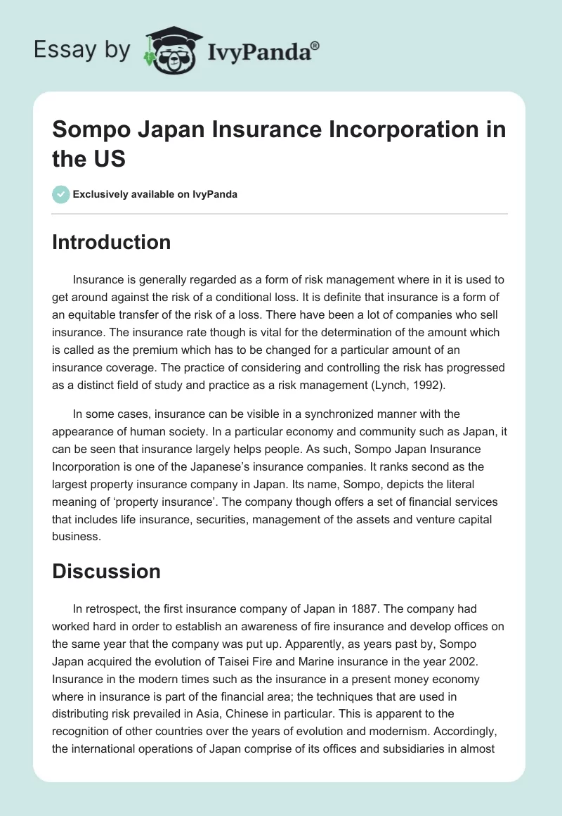 Sompo Japan Insurance Incorporation in the US. Page 1