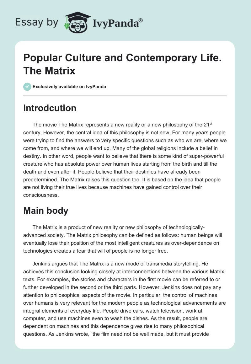 Popular Culture and Contemporary Life. The Matrix. Page 1