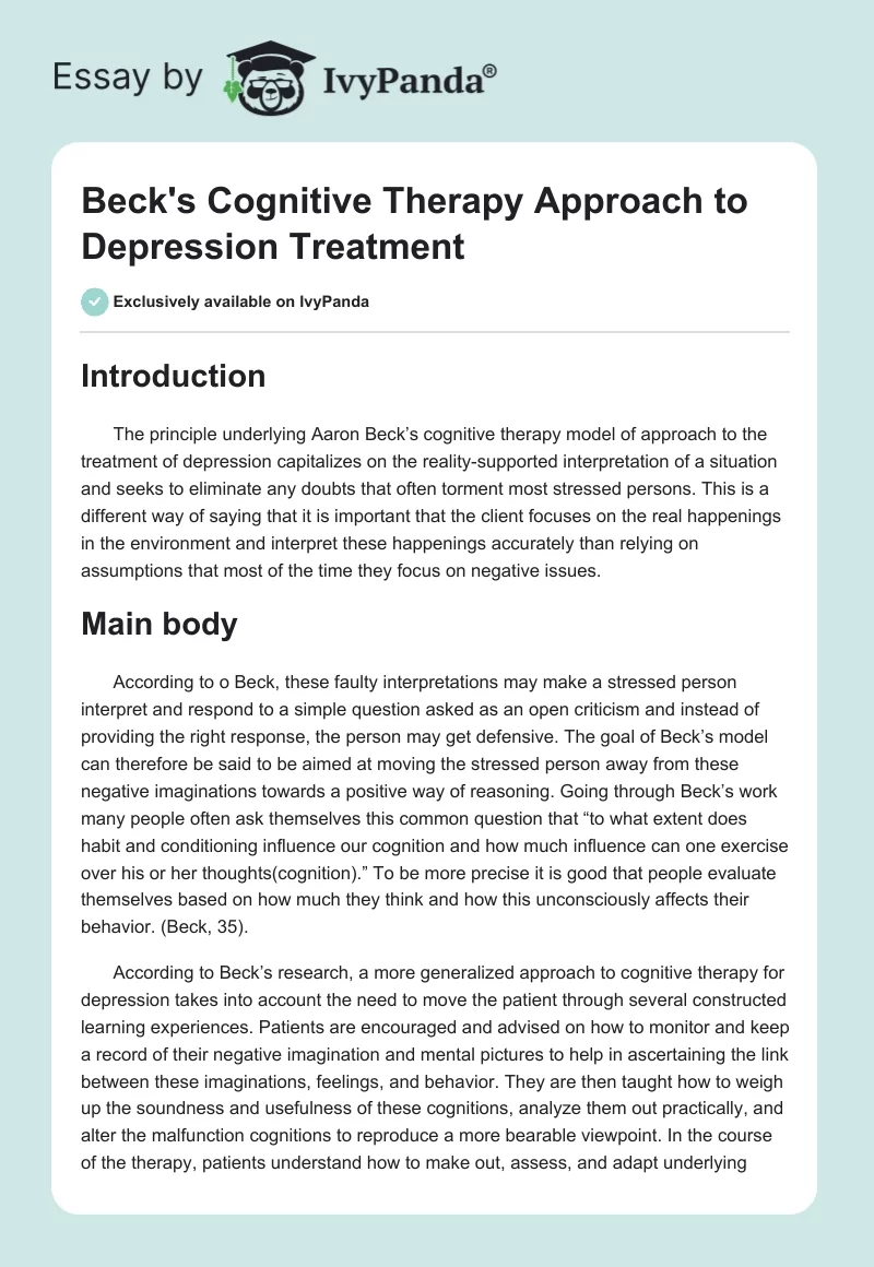 Beck's Cognitive Therapy Approach to Depression Treatment. Page 1