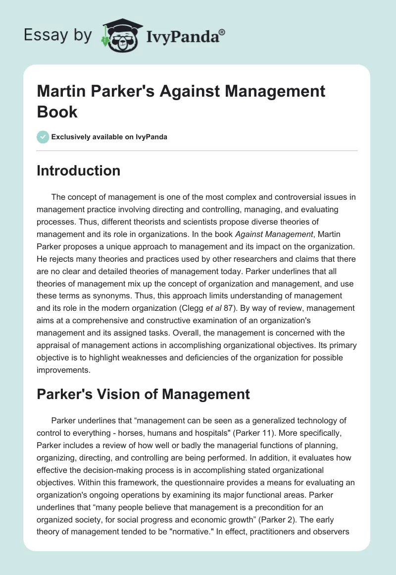 Martin Parker's "Against Management" Book. Page 1