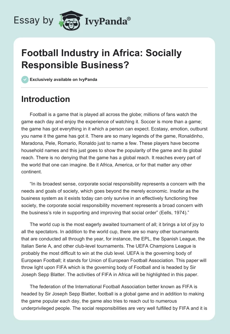Football Industry in Africa: Socially Responsible Business?. Page 1
