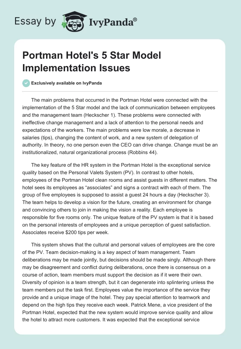 Portman Hotel's 5 Star Model Implementation Issues. Page 1