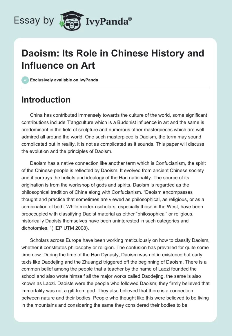 Daoism: Its Role in Chinese History and Influence on Art. Page 1