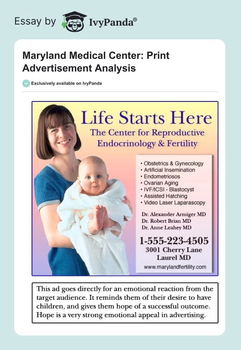 Maryland Medical Center: Print Advertisement Analysis. Page 1