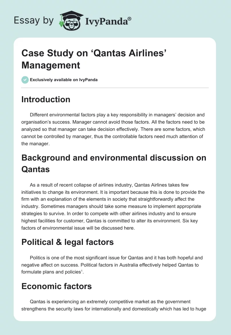 Case Study on ‘Qantas Airlines’ Management. Page 1
