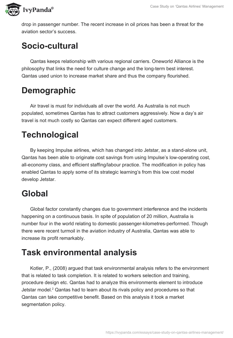 Case Study on ‘Qantas Airlines’ Management. Page 2