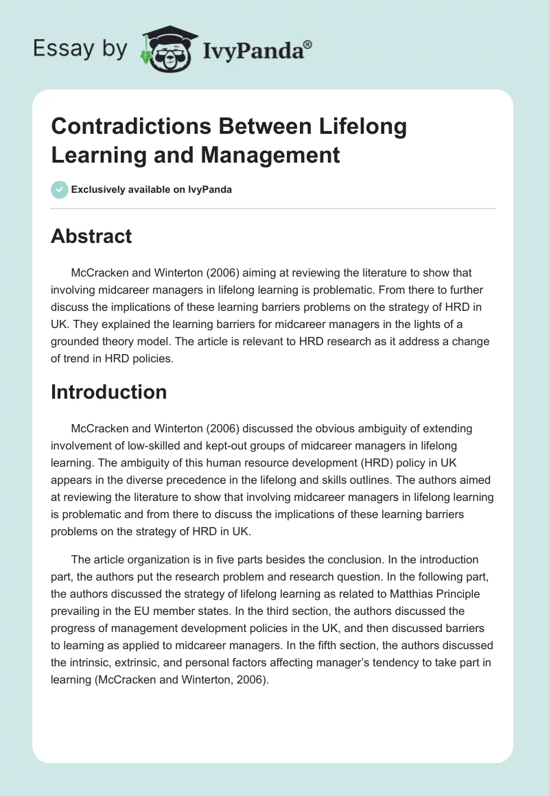 Contradictions Between Lifelong Learning and Management. Page 1
