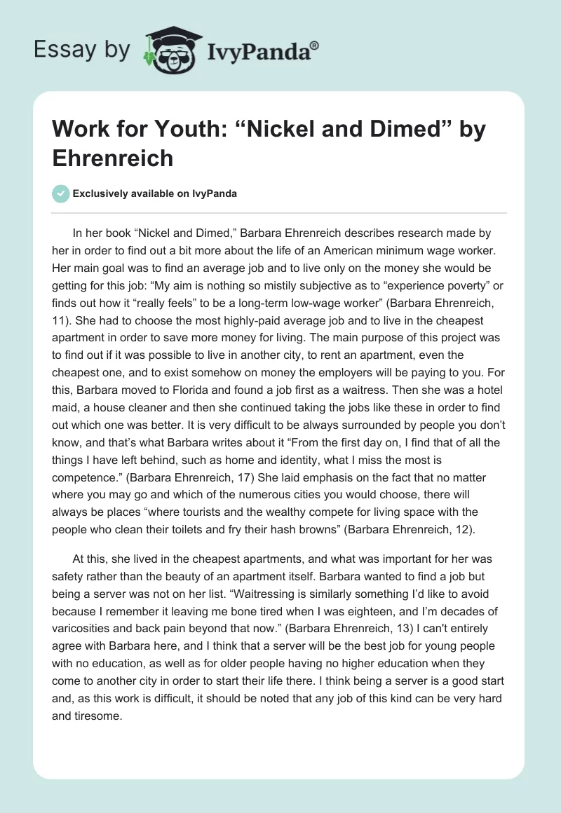 Work for Youth: “Nickel and Dimed” by Ehrenreich. Page 1