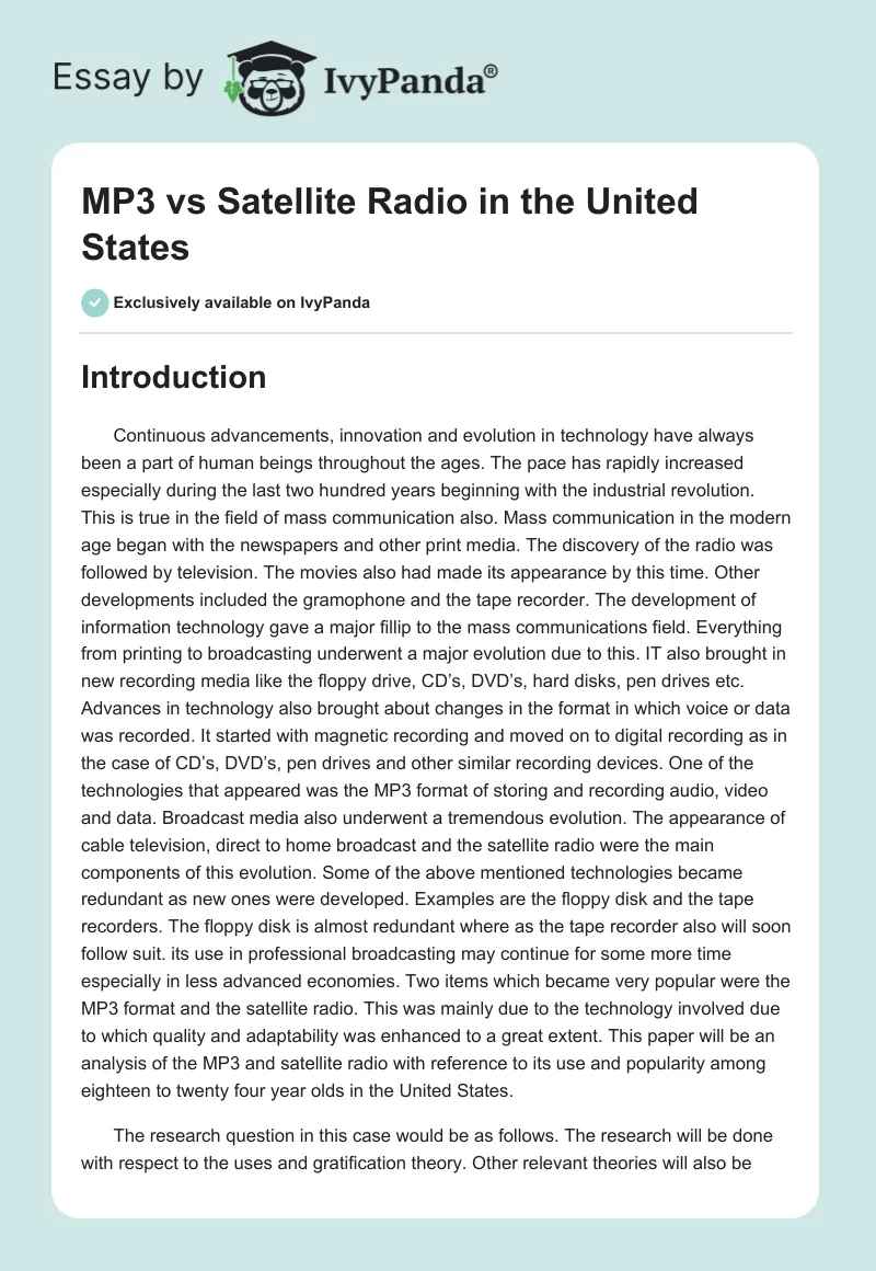 MP3 vs Satellite Radio in the United States. Page 1