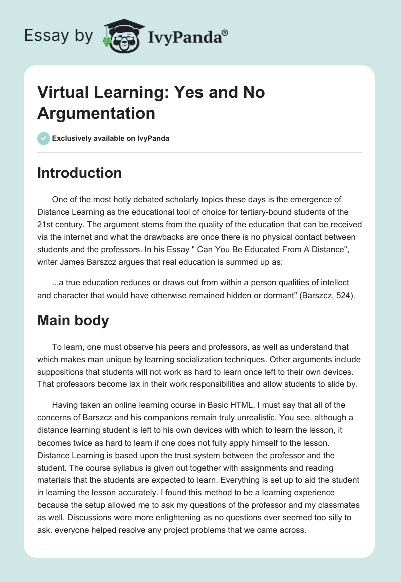 Virtual Learning: Yes and No Argumentation. Page 1