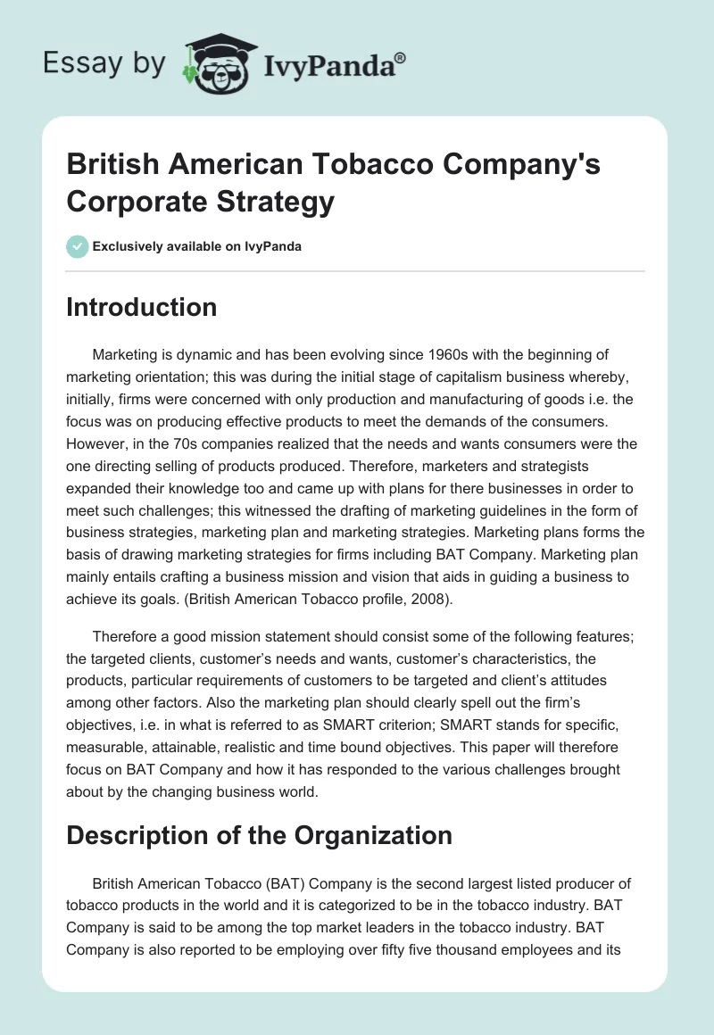 British American Tobacco Company's Corporate Strategy. Page 1