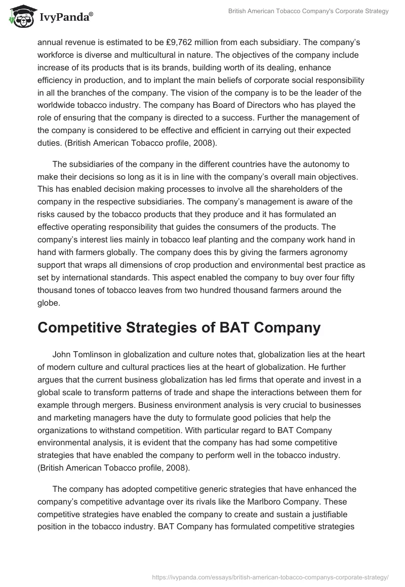British American Tobacco Company's Corporate Strategy. Page 2