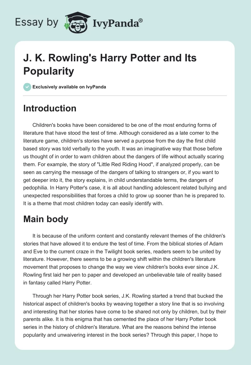 J. K. Rowling's Harry Potter and Its Popularity. Page 1