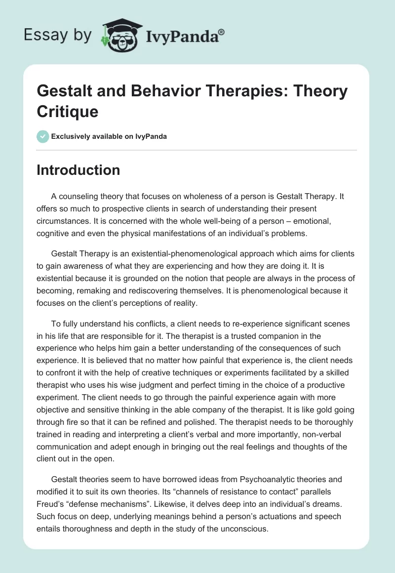 Gestalt and Behavior Therapies: Theory Critique. Page 1