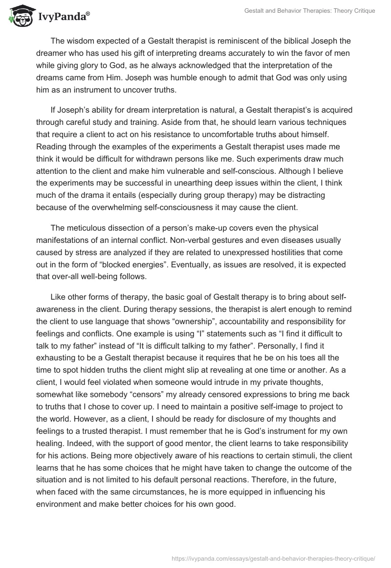 Gestalt and Behavior Therapies: Theory Critique. Page 2