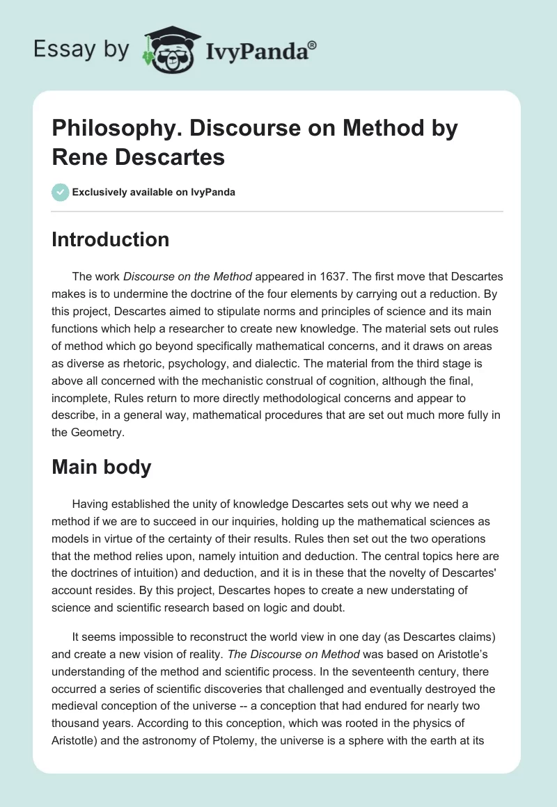 Philosophy. "Discourse on Method" by Rene Descartes. Page 1