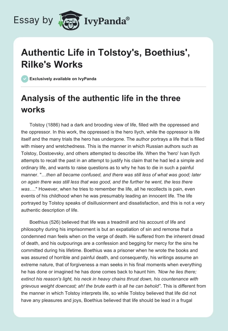 Authentic Life in Tolstoy's, Boethius', Rilke's Works. Page 1