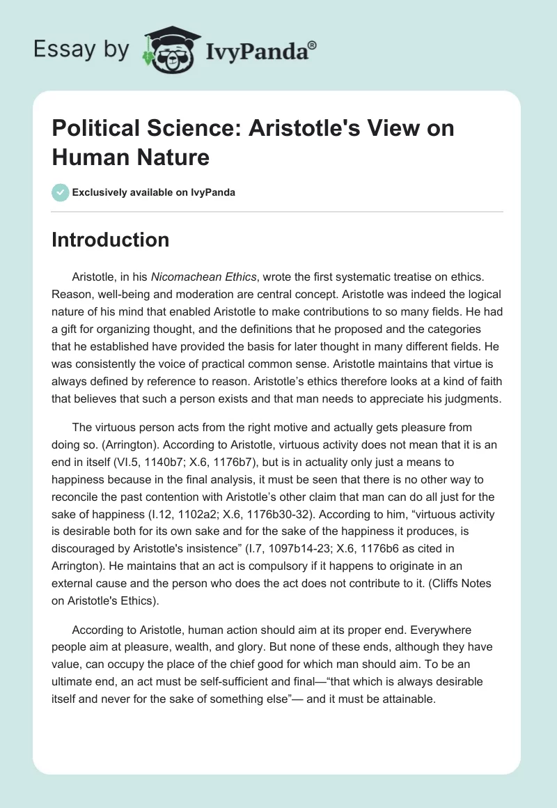 Political Science: Aristotle's View on Human Nature. Page 1