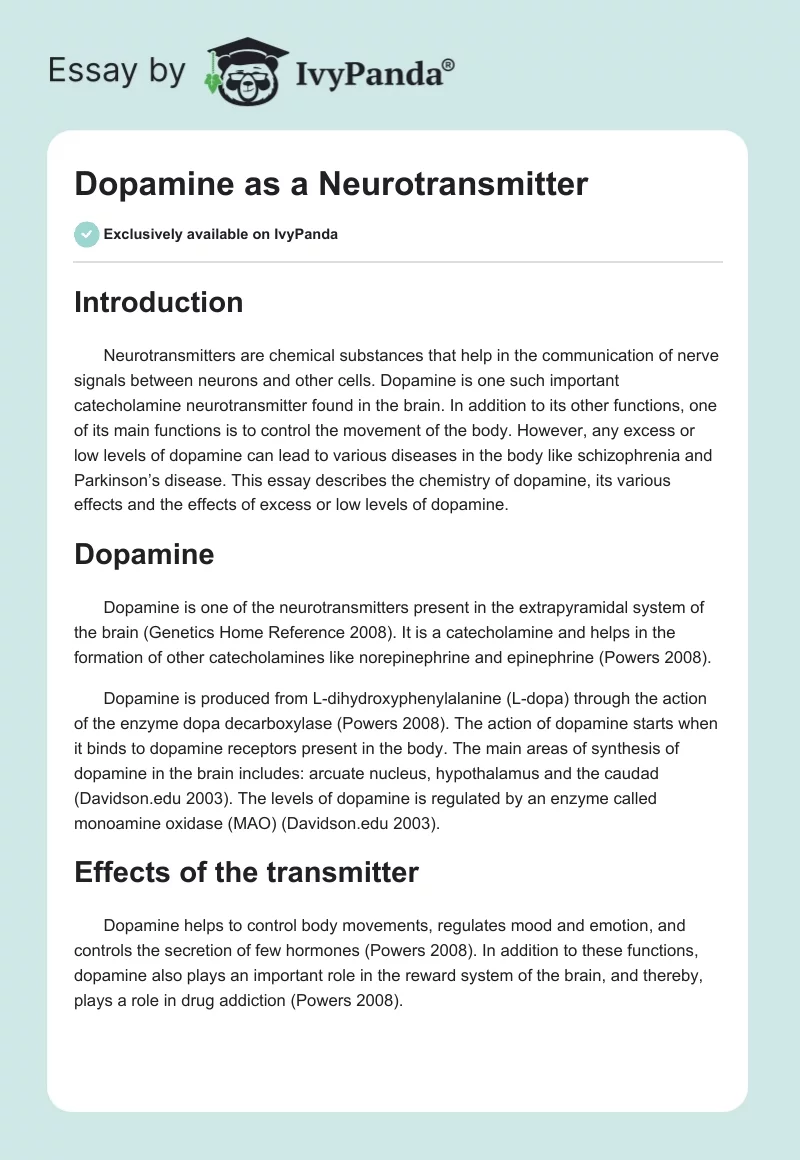Dopamine as a Neurotransmitter. Page 1