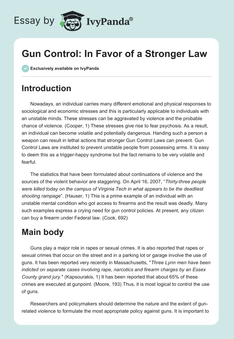 Gun Control: In Favor of a Stronger Law. Page 1