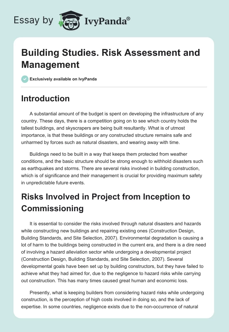 Building Studies. Risk Assessment and Management. Page 1